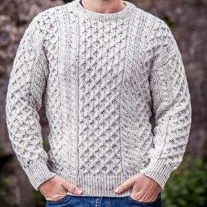 Aran Crafts Ireland Traditional 100% Wool Crew Neck Sweater Natural Fleck NEW Lg